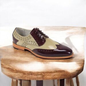 GIOVANNI MEN'S BURGUNDY/ NATURAL LEATHER WING TIP DRESS SHOE. TROY.
